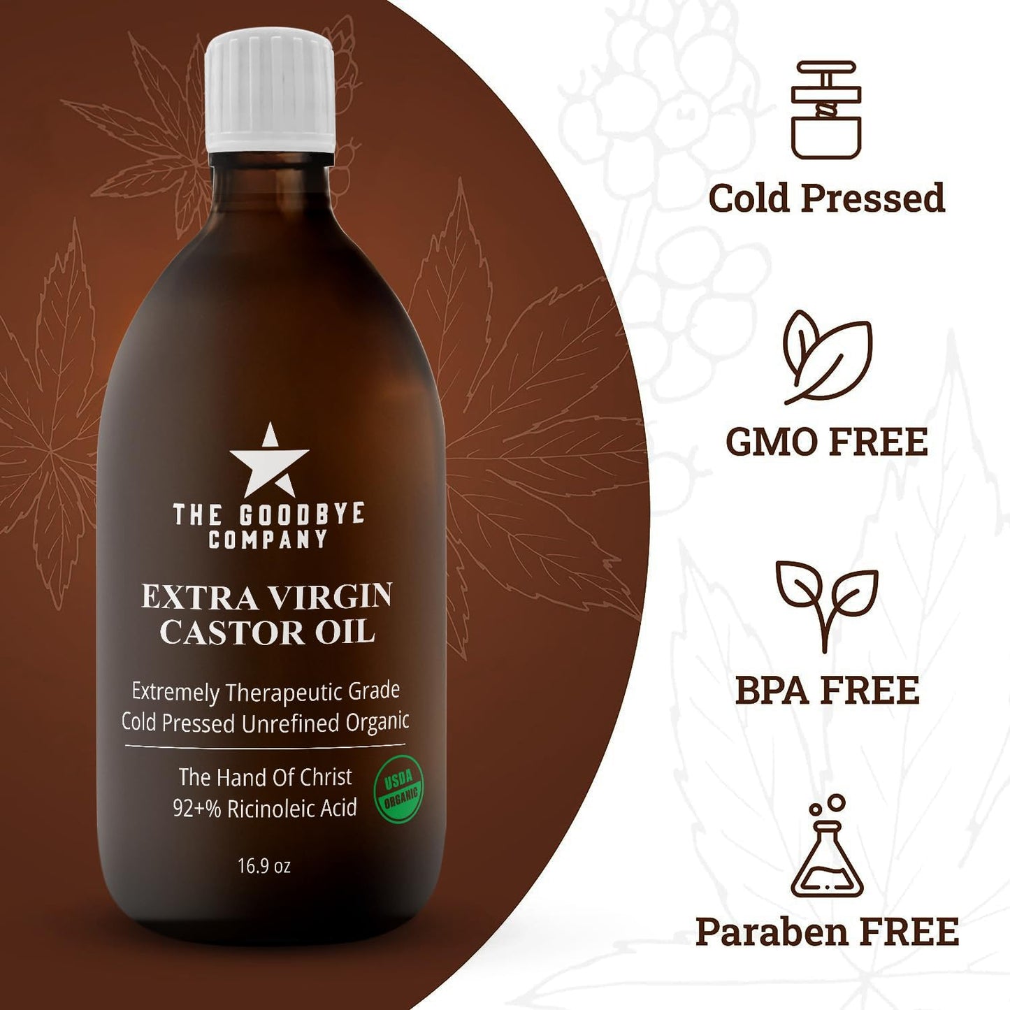 Hello Castor Oil USDA Certified Organic Glass Bottle Pure Cold-Pressed 100% Natural Virgin Castor Oil Moisturising for Skin Hair Growth Product for Eyelashes Food Grade Hexane & BPA Free (470Mls)