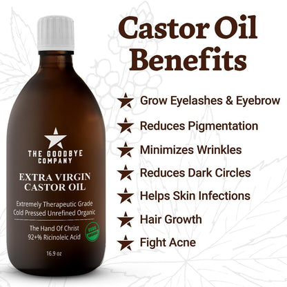 Hello Castor Oil USDA Certified Organic Glass Bottle Pure Cold-Pressed 100% Natural Virgin Castor Oil Moisturising for Skin Hair Growth Product for Eyelashes Food Grade Hexane & BPA Free (470Mls)