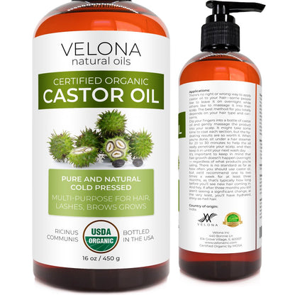 USDA Certified Organic Castor Oil - 16 Oz | for Hair Growth, Boost Eyelashes, Eyebrows | Cold Pressed, Natural Oil, USP Grade | Hexane Free, Lash Growth Serum, Caster