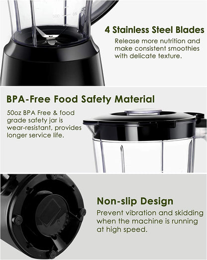 Smoothie Blenders for Kitchen, Countertop Blender with 50Oz Jar for Crushing Ice,Frozen Dessert,2 Speeds & Pulse Function, Bpa-Free,Black