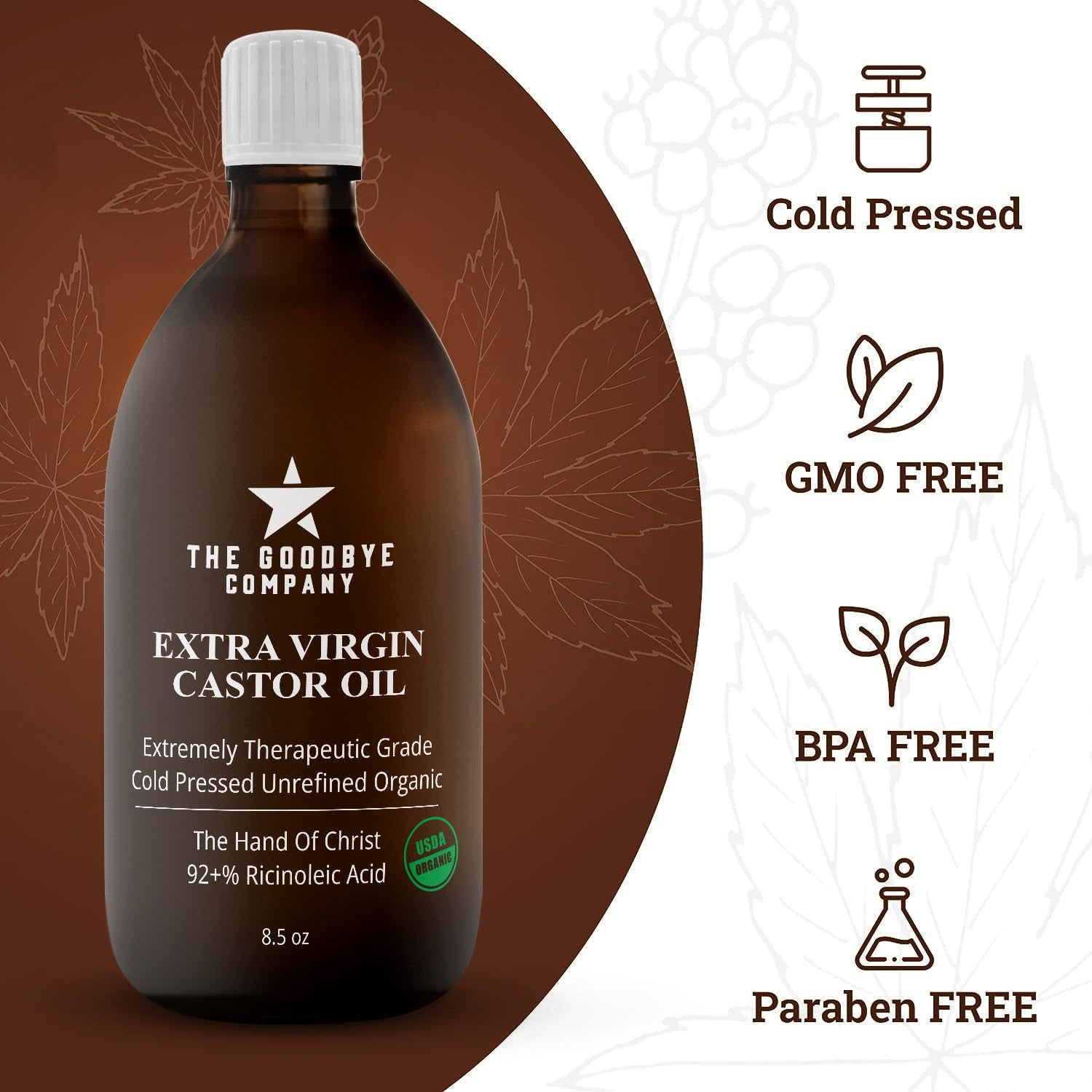 Hello Castor Oil USDA Certified Organic Glass Bottle Pure Cold-Pressed 100% Natural Virgin Castor Oil Moisturising for Skin Hair Growth Product for Eyelashes Food Grade Hexane & BPA Free (470Mls)