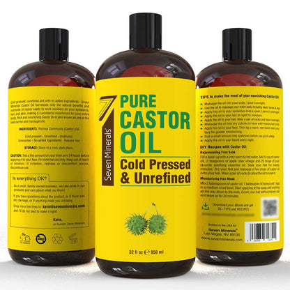 Pure Cold Pressed Castor Oil - Big 32 Fl Oz Bottle - Unrefined & Hexane Free
