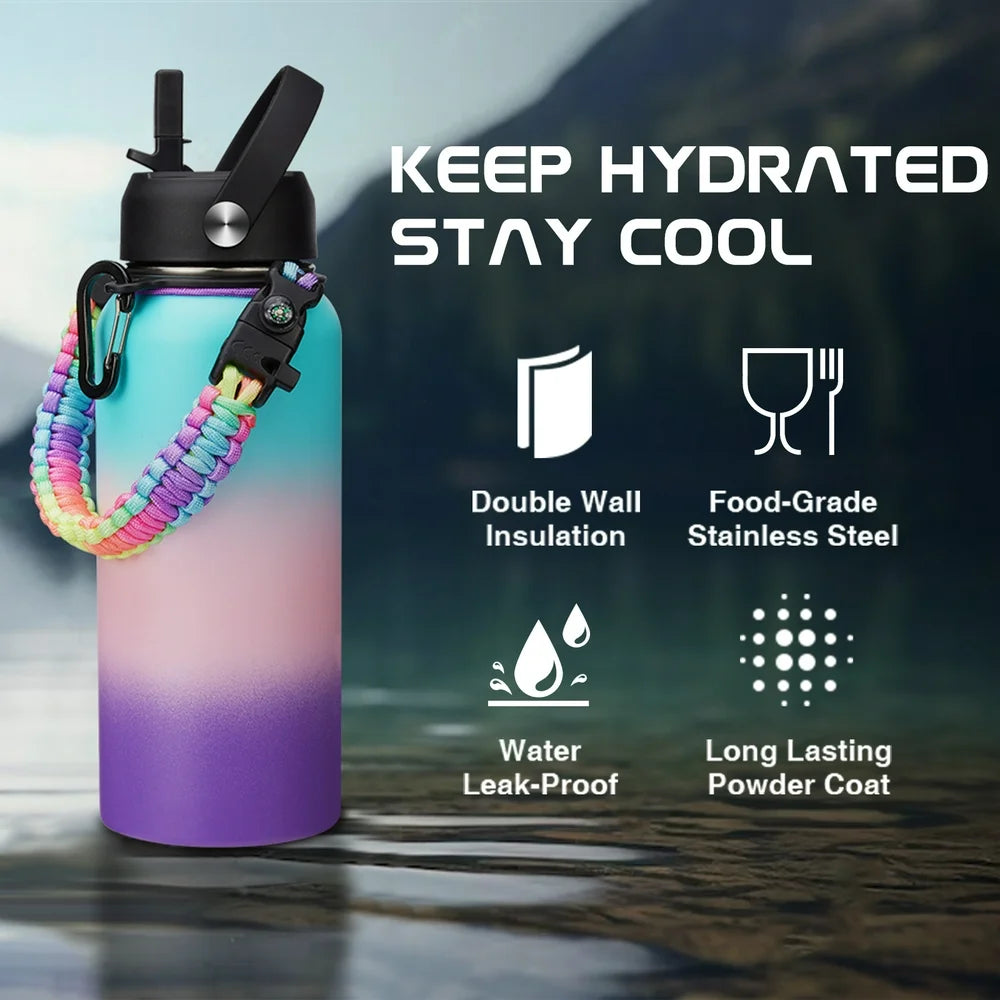 32Oz Water Bottles with Straw & Spout Lid, Paracord Handle, Strap Carrier Bag & Bottle Boot, Metal Water Bottles Keep Cold-48H Hot-24H