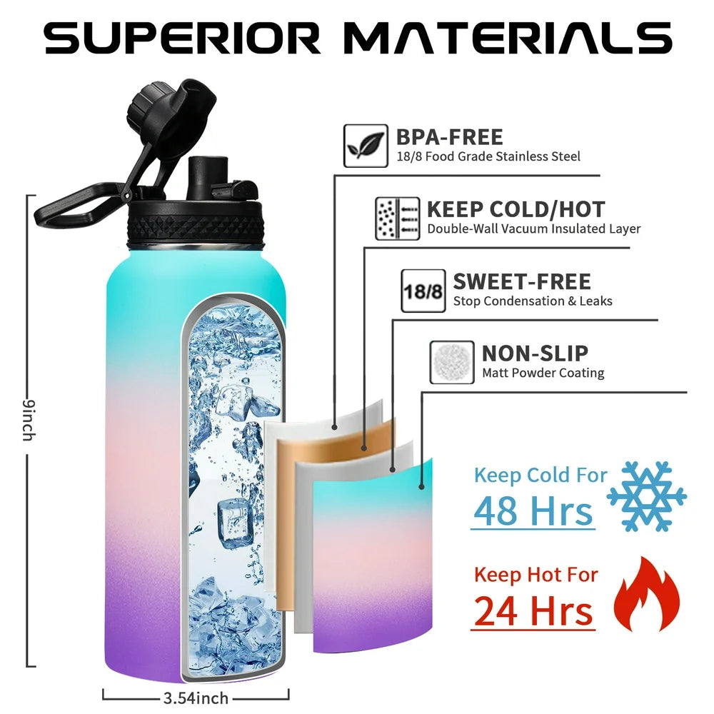 32Oz Water Bottles with Straw & Spout Lid, Paracord Handle, Strap Carrier Bag & Bottle Boot, Metal Water Bottles Keep Cold-48H Hot-24H