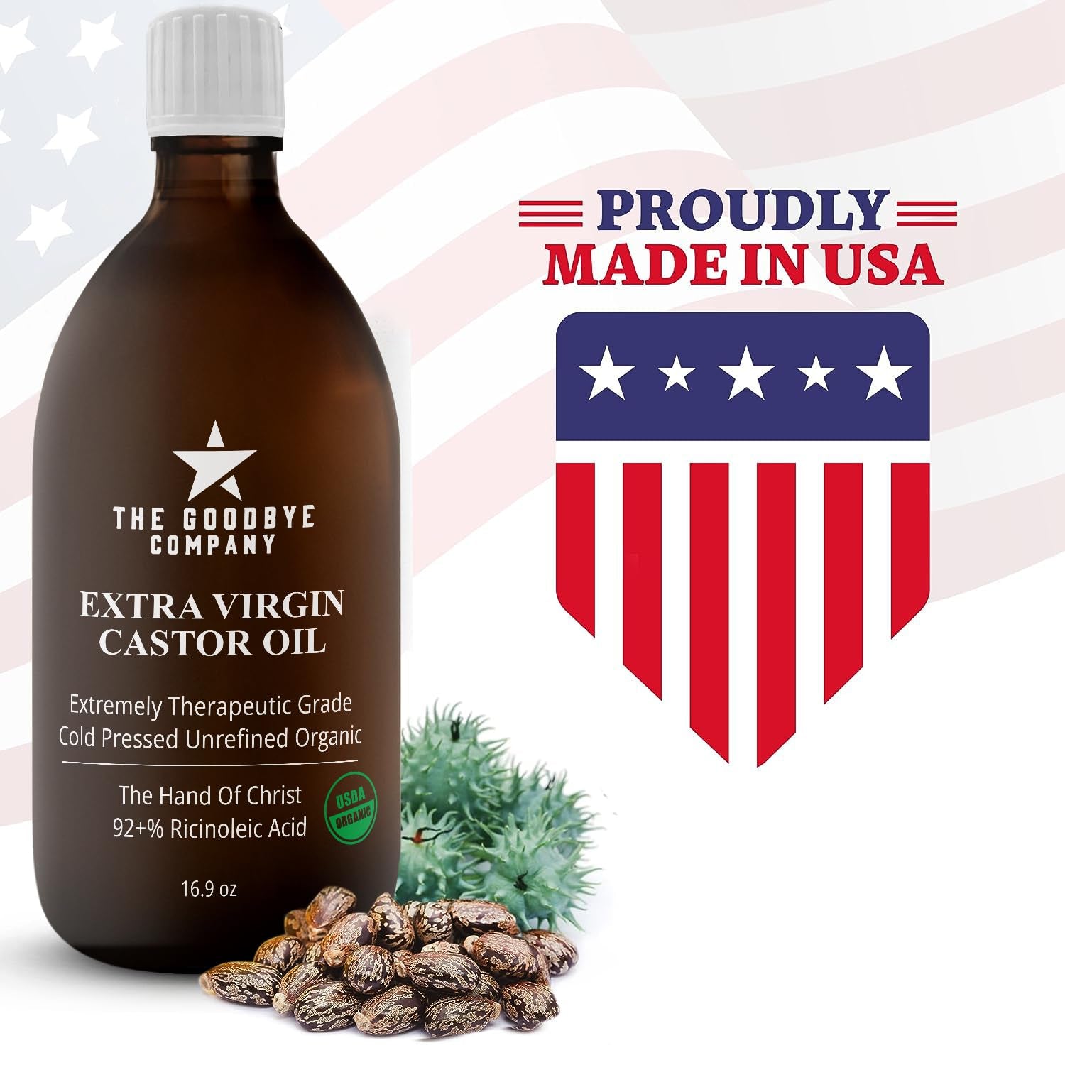 Hello Castor Oil USDA Certified Organic Glass Bottle Pure Cold-Pressed 100% Natural Virgin Castor Oil Moisturising for Skin Hair Growth Product for Eyelashes Food Grade Hexane & BPA Free (470Mls)