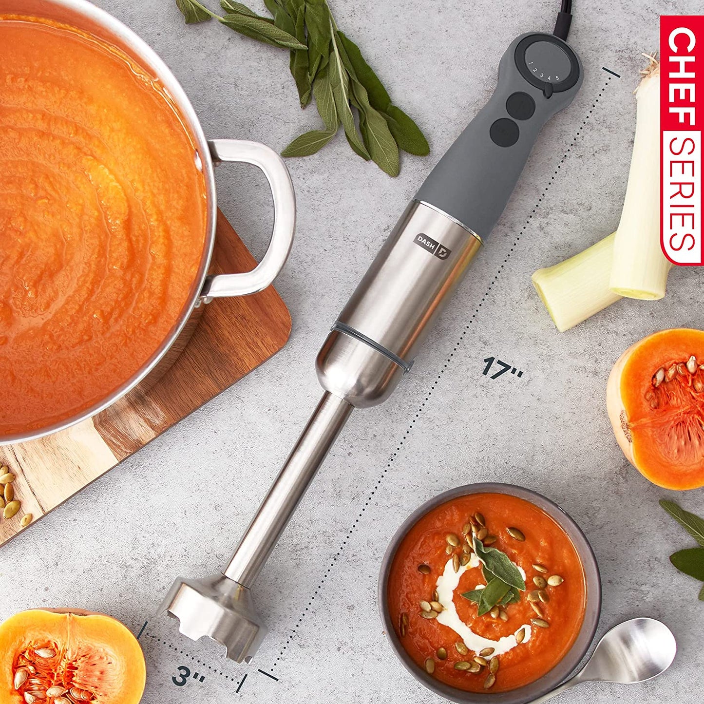 Chef Series Deluxe Immersion Hand Blender, 5 Speed Stick Blender with Stainless Steel Blades, Dough Hooks, Food Processor, Grate, Mash, Slice, Whisk Attachments and Recipe Guide – Cool Grey