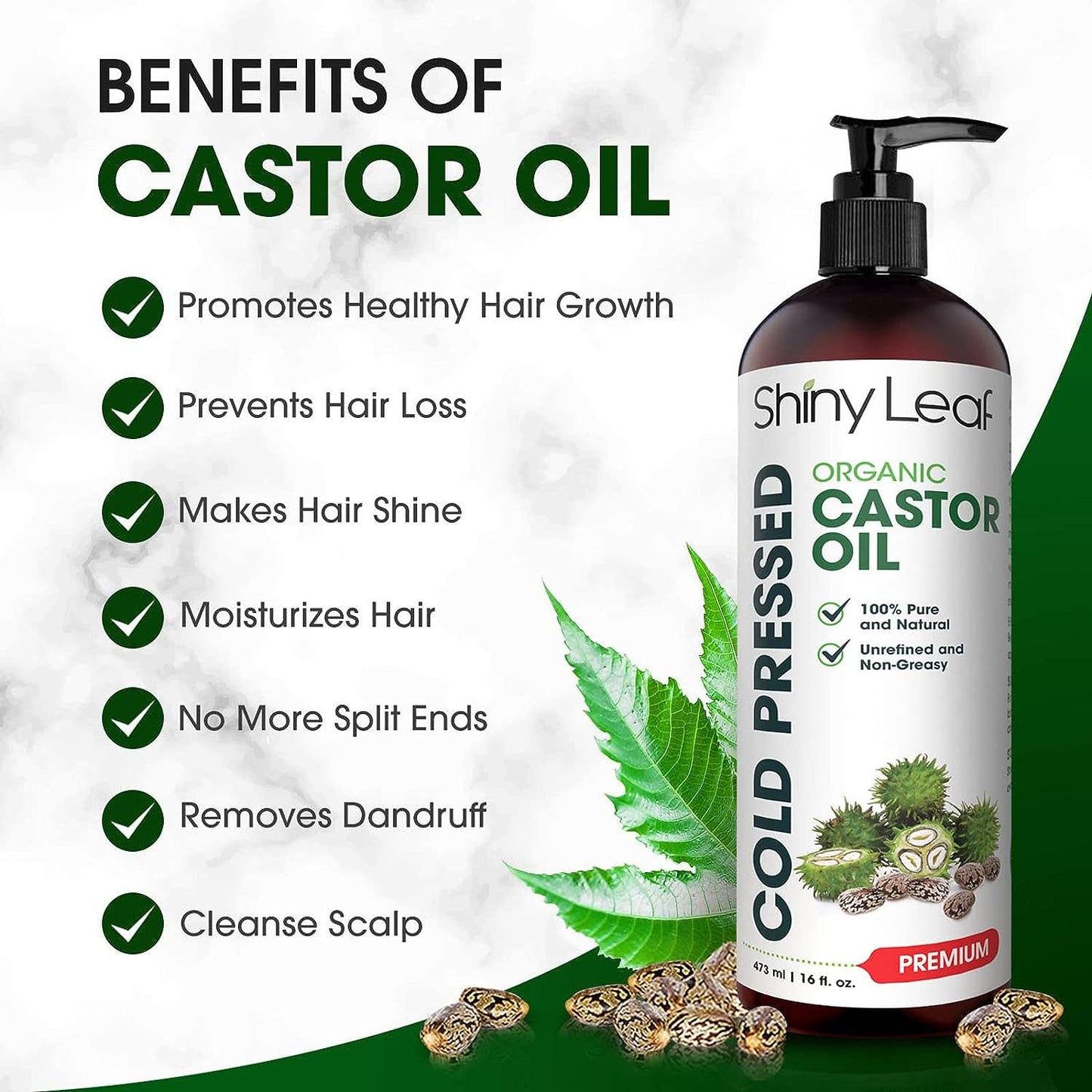 Castor Oil Organic (16 Oz) Cold-Pressed Castor Oil, for Hair Growth for Dry Skin, Hair Care and Eyelashes by