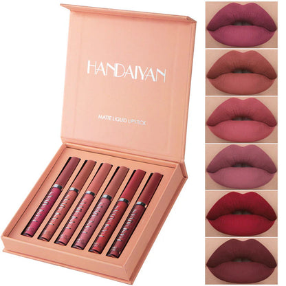 "Professional Beauty Cosmetic Kit: 6-Piece Set of Long-Lasting, Waterproof Velvet Matte Gloss Lipsticks in Red and Nude Shades"
