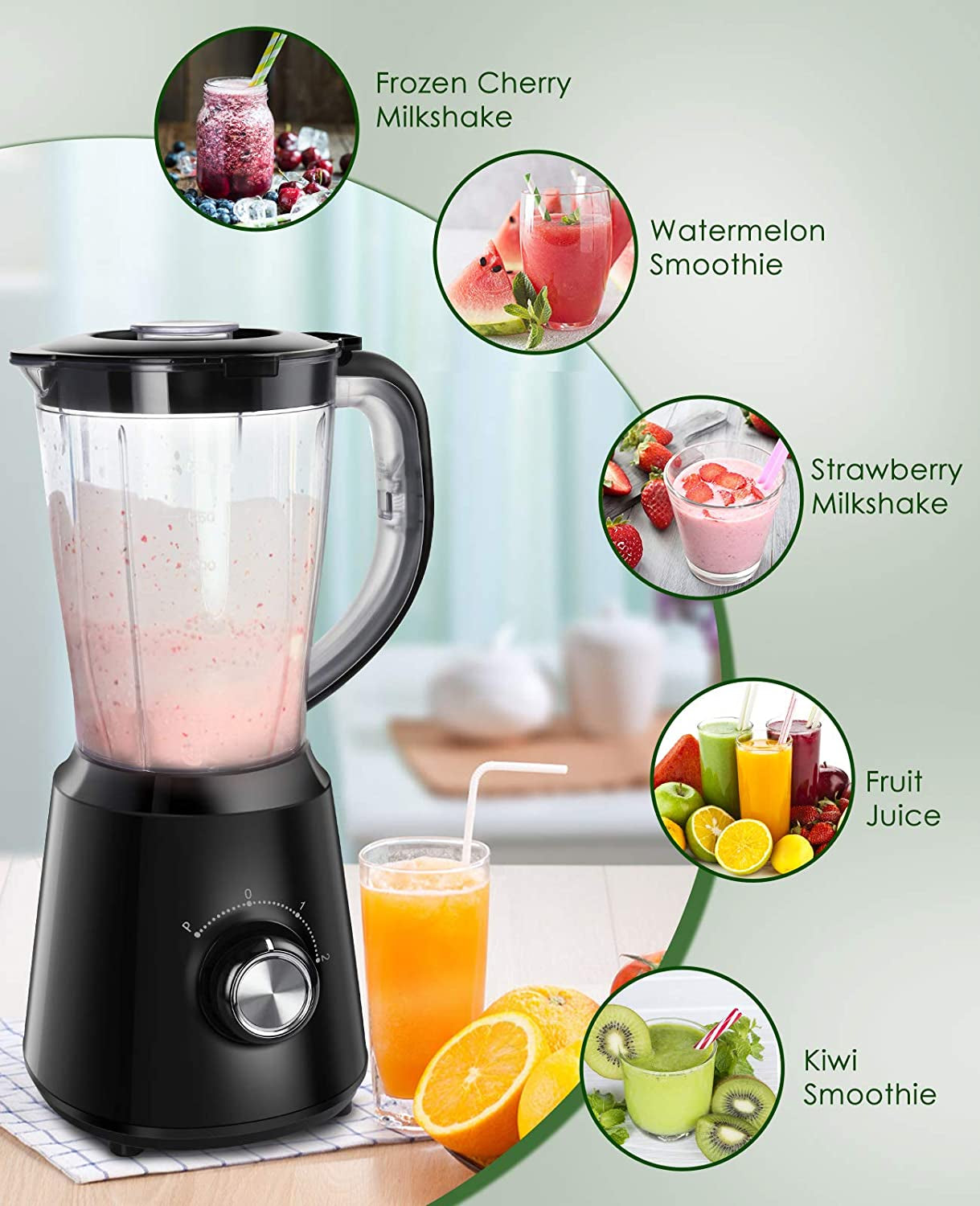 Smoothie Blenders for Kitchen, Countertop Blender with 50Oz Jar for Crushing Ice,Frozen Dessert,2 Speeds & Pulse Function, Bpa-Free,Black